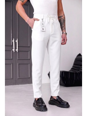 Ser Joven Erkek Beyaz Slim Fit Likralı Beli Lastikli Bağcıklı Yan Cep Jogger Kumaş Pantolon
