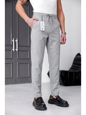 Modamesto Erkek Açık Gri Slim Fit Likralı Beli Lastikli Bağcıklı Yan Cep Jogger Kumaş Pantolon