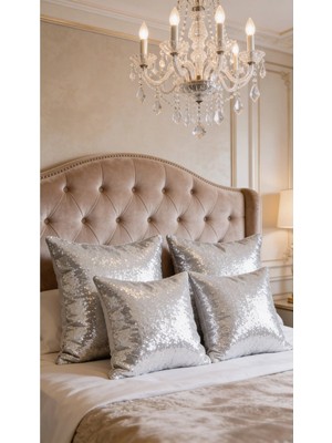 Pul Payet Dekoratif Kırlent Kılıfı 4’lü Set – Beyaz & Gümüş Parlak Modern Koltuk Yastık Kılıfı 43X43