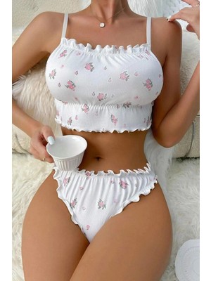 Bella Notte Fitilli Çiçek Baskılı Fırfırlı Fantezi Gecelik