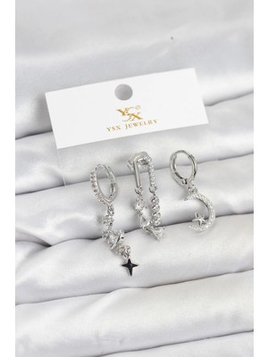 Tegan Pirinç Gümüş Renk Zirkon Taşlı Uzay Model Ysx Trio Küpe Seti TG27BKP11569