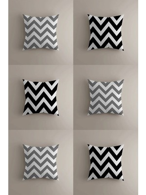 6'lı Siyah & Gri Zigzag Desenli Çift Taraflı Yastık Kılıfı (43X43 Cm) | Modern Kırlent Seti