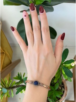 Vintage Takı Antik Bakır Kaplama Vintage Otantik Bohem Lacivert Doğal Taşlı Ayarlanabilir Kelepçe Bileklik