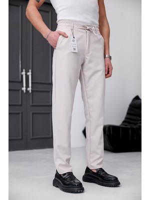 Modamesto Erkek Bej Slim Fit Likralı Beli Lastikli Bağcıklı Yan Cep Jogger Kumaş Pantolon