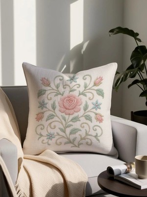 Özel Tasarım Yazlık Punch Nakış Desenli Dijital Baskılı Dekoratif Yastık 4281– 43X43 cm