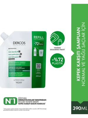 Vichy Dercos Yeniden Dolum Paketi 390 ml Normal/Yağlı Saçlar İçin Kepek Karşıtı Saç Bakım Şampuanı