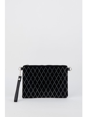 Vivaq Kadın Ince Baklava Gümüş Taşlı Süet Bilek Askılı ve Zincir Askılı Portföy El ve Clutch Çanta