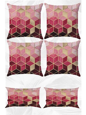 Pembe Mozaik Çift Tarafı Baskılı 43X43 Kırlent Kılıfı ve 30X50 Dikdörtgen Kırlent Kılıfı 6'lı Set