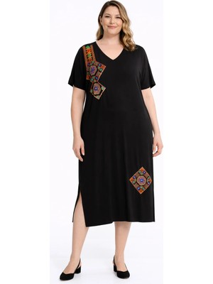 Şans Kadın Büyük Beden Siyah, Nakış Rahat Kesim Elbise 65N39442