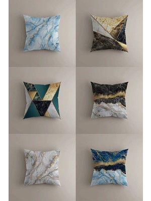 Lüks Mermer Desenli Kırlent Kılıfı Seti - 6'lı Altın ve Geometrik Detaylı  (43X43 Cm)