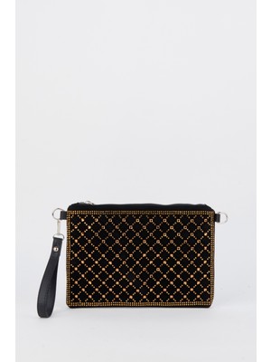 Vivaq Kadın Kapitone Altın Taşlı Süet Bilek Askılı ve Zincir Askılı Portföy El ve Clutch Çanta