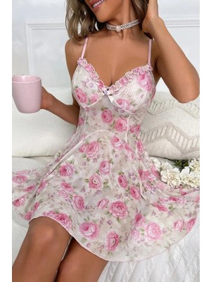 Bella Notte Pembe Gül Desenli Romantik Gecelik