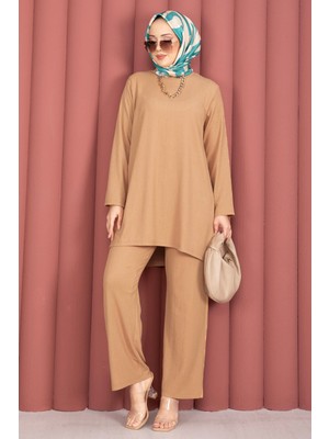TKM Yanları Yırtmaçlı Tunik Pantolon Takım Camel