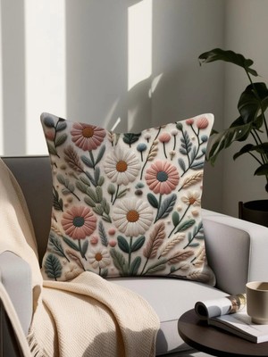 Punch Nakış Desenli Dijital Baskılı Dekoratif Yastık 4279– 43X43 cm Mikro Petek Kumaş
