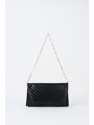 Vivaq Kadın Siyah Zarf Hasır Örgü Tasarım 2 Bölmeli Mini Zincir Askılı Çıt Çıt Kapama Clutch Ve El Çantası
