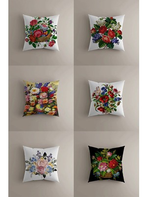 Çiçek Desenli Kırlent Kılıfı Seti - 6'lı Vintage ve Modern Çiçek Motifli Yastık Kılıfı (43X43 Cm)