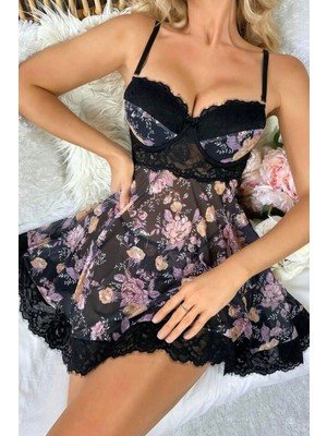 Bella Notte Romantik Dantel Detaylı Kaplı Tanga ve Gecelik