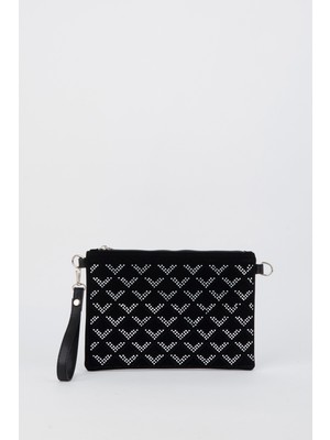 Vivaq Kadın Sıralı V Gümüş Taşlı Süet Bilek Askılı ve Zincir Askılı Portföy ve Clutch Çanta
