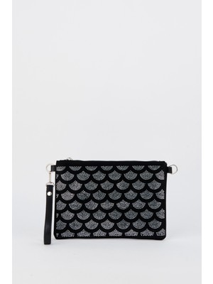 Vivaq Kadın Yelpaze Gümüş Taşlı Süet Bilek Askılı ve Zincir Askılı Portföy El ve Clutch Çanta