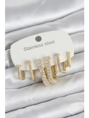 Tegan 316L Çelik Gold Renk 6'lı Set Zirkon Taşlı Kadın Küpe TG27BKP11746