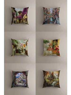 Romantik Manzara ve Tarihi Sokaklar Temalı Dekoratif Kırlent Kılıfı - 6'lı Set (43X43 Cm)