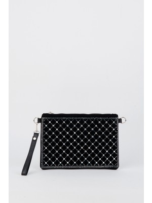 Vivaq Kadın Kapitone Gümüş Taşlı Süet Bilek Askılı ve Zincir Askılı Portföy El ve Clutch Çanta