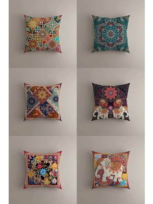 6'lı Etnik Desenli Kırlent Kılıfı Seti - Çift Taraflı Baskılı, 43X43 cm Dekoratif Yastık Kılıfı