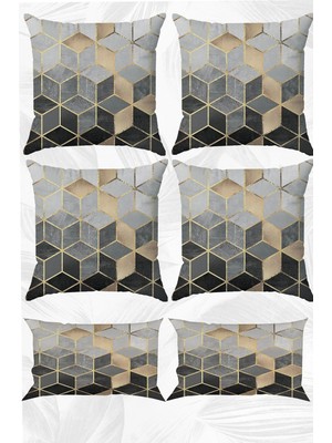 Gri Mozaik Çift Tarafı Baskılı 43X43 Kırlent Kılıfı ve 30X50 Dikdörtgen Kırlent Kılıfı 6'lı Set
