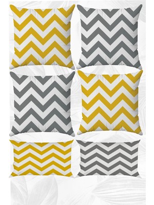 Sarı ve Gri Zigzag Çift Tarafı Baskılı 43X43 ve 30X50 Kırlent Yastık Kılıfı 6'lı Set