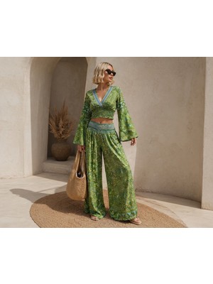 İbeeka Bohem Luxe Paisley Desen Gipeli Crop Akışkan Bol Paça Pantolon