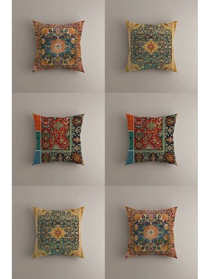 Otantik Halı Desenli 6'lı Kırlent Kılıfı Seti - Çift Taraflı Dijital Baskı - 43X43 cm Dekoratif