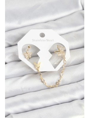 Tegan Kelebek Model Pirinç Gold Renk Zincir Bağlantılı Ear Cuff Küpe Seti TG27BKP11548