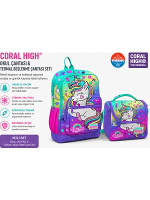 Coral High Mor Mavi Kalp Sırt Çantası 23729+ Beslenme Çantası 11729