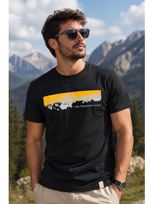 Zueofficial Erkek Siyah %100 Pamuk Tişört Dağ Baskılı Modern Kesim Günlük T-Shirt