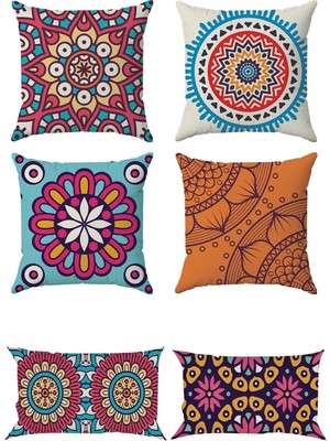 Mandala Temalı Çift Tarafı Baskılı 43X43 Kırlent Kılıfı ve 30X50 Dikdörtgen Kırlent Kılıfı 6'lı Set