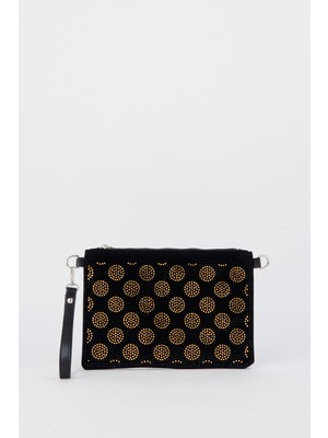 Vivaq Kadın Puantiyeli Altın Taşlı Süet Bilek Askılı ve Zincir Askılı Portföy El ve Clutch Çanta