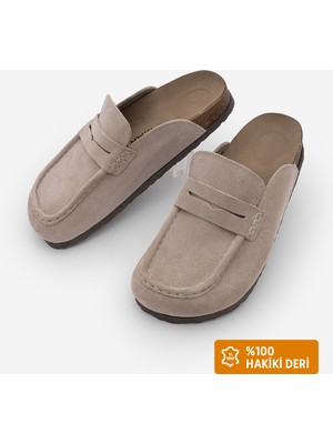 Marjin Kadın Hakiki Deri Eva Taban Önü Kapalı Sabo Günlük Terlik Solevu Bej Süet