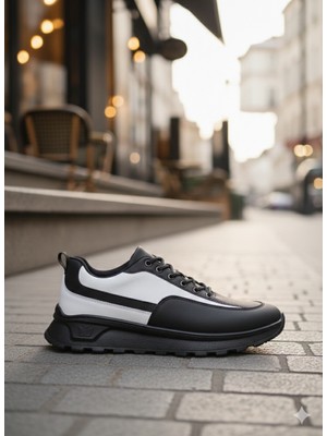 BOA Siyah Beyaz Parçalı Erkek Günlük Ayakkabı  Bağcıklı Yüksek Taban Comfort SNEAKERBA0246