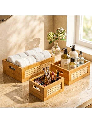 Snippy Deco Küçük - 3'lü Bambu Sepet Çok Amaçlı Düzenleyici Banyo Mutfak Sepeti Organizeri Banyo Seti