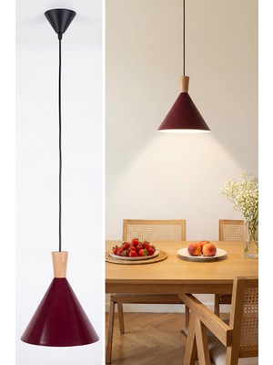 Marrien Cone Bohem Ahşap Bordo Metal Sarkıt (25 Cm)  Yemek Masası Üstü Avize  Mutfak & Salon Aydınlatması