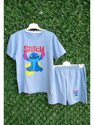 bebexy Mavi Stitch  Baskılı  Şortlu Takım