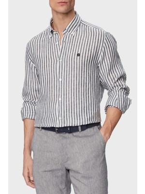 Boss Çizgili Regular Fit Klasik Yaka Uzun Kollu Keten Gömlek Erkek Gömlek 50560595 404