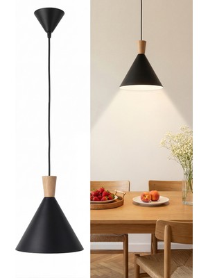 Marrien Cone Bohem Ahşap Siyah Metal Sarkıt (25 Cm)  Yemek Masası Üstü Avize  Mutfak & Salon Aydınlatması