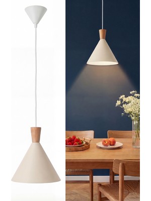 Marrien Cone Bohem Ahşap Krem Metal Sarkıt (25 Cm)  Yemek Masası Üstü Avize  Mutfak & Salon Aydınlatması