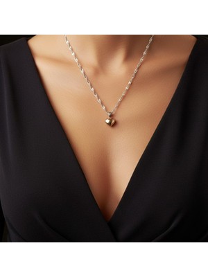 Lorivelle Premium Paslanmaz Çelik Gümüş Zincirli Gold Kalp Kolye - Çift Renk Minimal Tasarım Kolye (45+5 Cm)