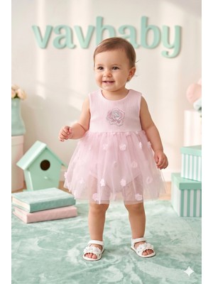 Vavbaby Kız Bebek Gül Nakışlı Tül Detaylı Tütü Elbise Pembe