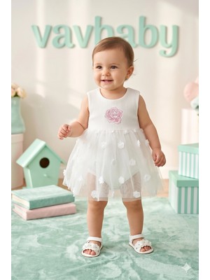 Vavbaby Kız Bebek Gül Nakışlı Tül Detaylı Tütü Elbise Beyaz