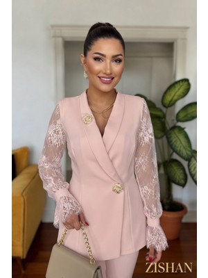 Zishan Fashion Güpür Kol Detaylı Kruvaze Blazer Ceket & Pantolon Takımı - Premium Krep Kumaş | 36055