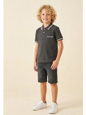 Polo Yaka Nakışlı Tshirt, Kot Şort Erkek Çocuk Takım