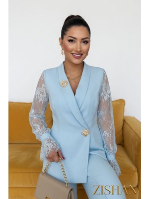 Zishan Fashion Güpür Kol Detaylı Kruvaze Blazer Ceket & Pantolon Takımı - Premium Krep Kumaş | 36055